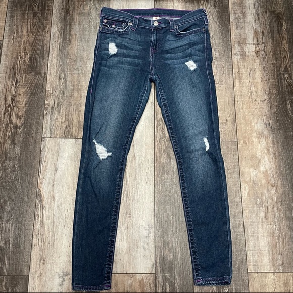 True Religion Super Skinny Distressed Blue Jeans Neon Purple Stitching Size 32 - Picture 1 of 9